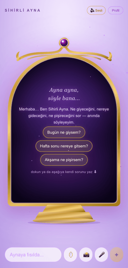 Aynanın karşılaması, örnek soru düğmeleri ve soru kutusu