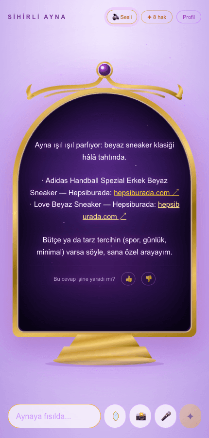 Aynanın bulduğu ürünler ve mağaza bağlantıları